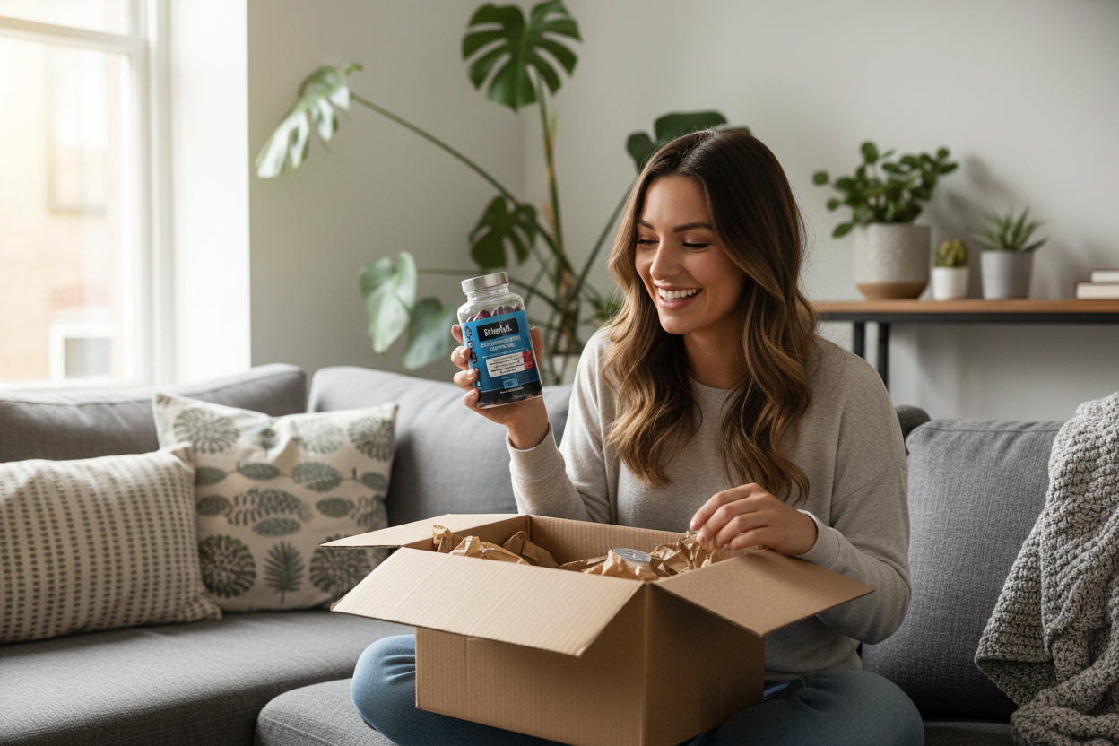 Woman smiling while unboxing Biteful Ashwagandha gummies on sofa